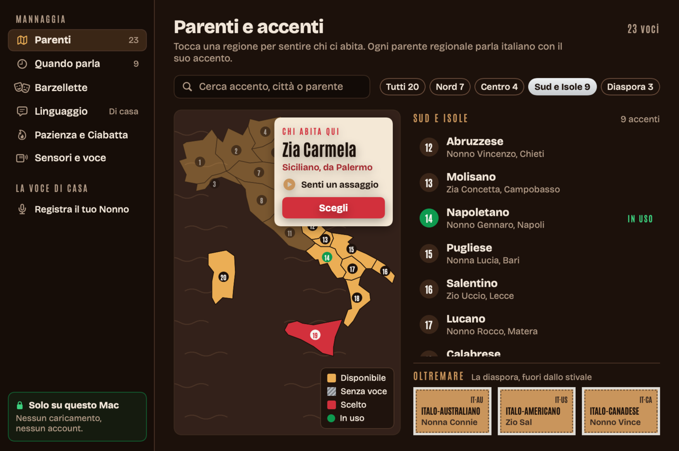 Real app window: Parenti e accenti, a map of Italy with numbered regions and the diaspora relatives